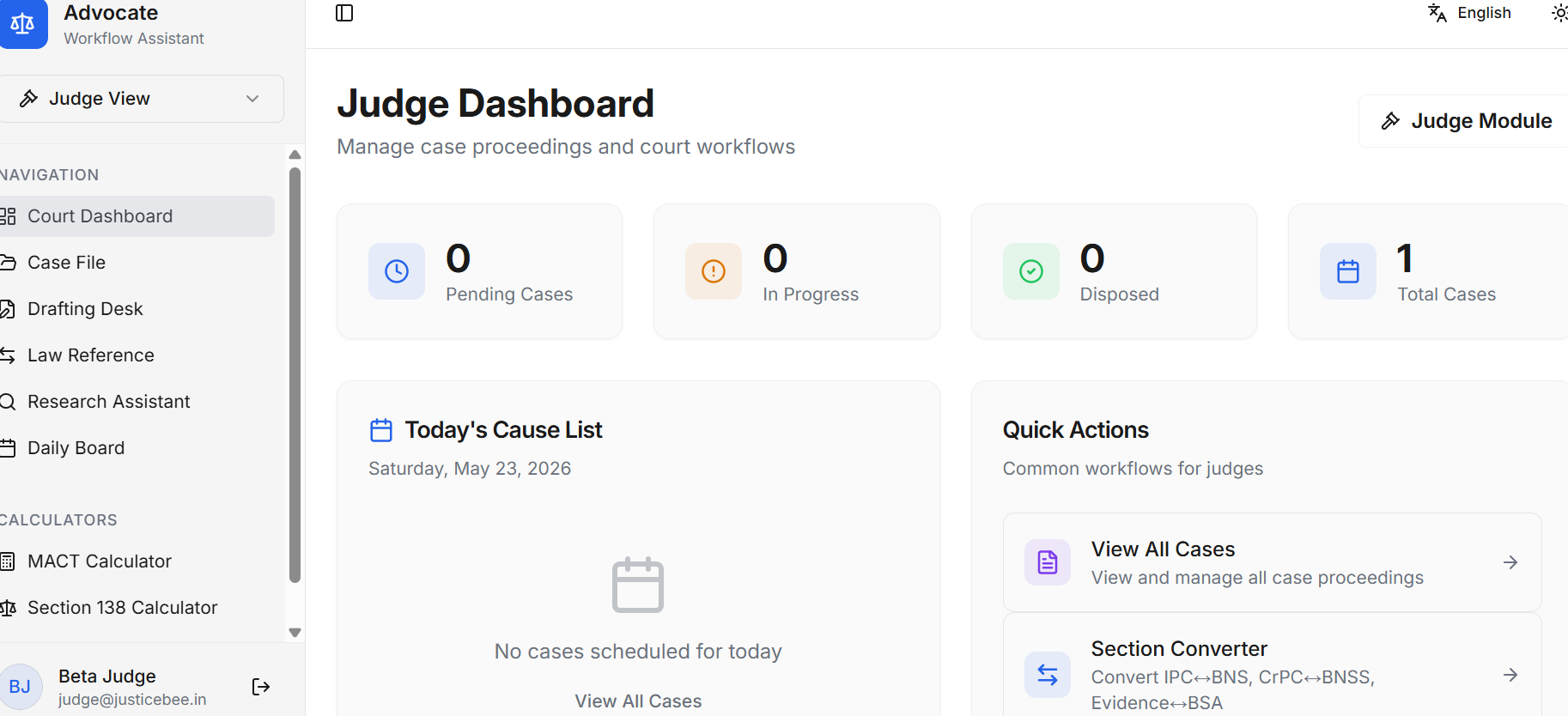 Judge Dashboard — cause list and case proceedings