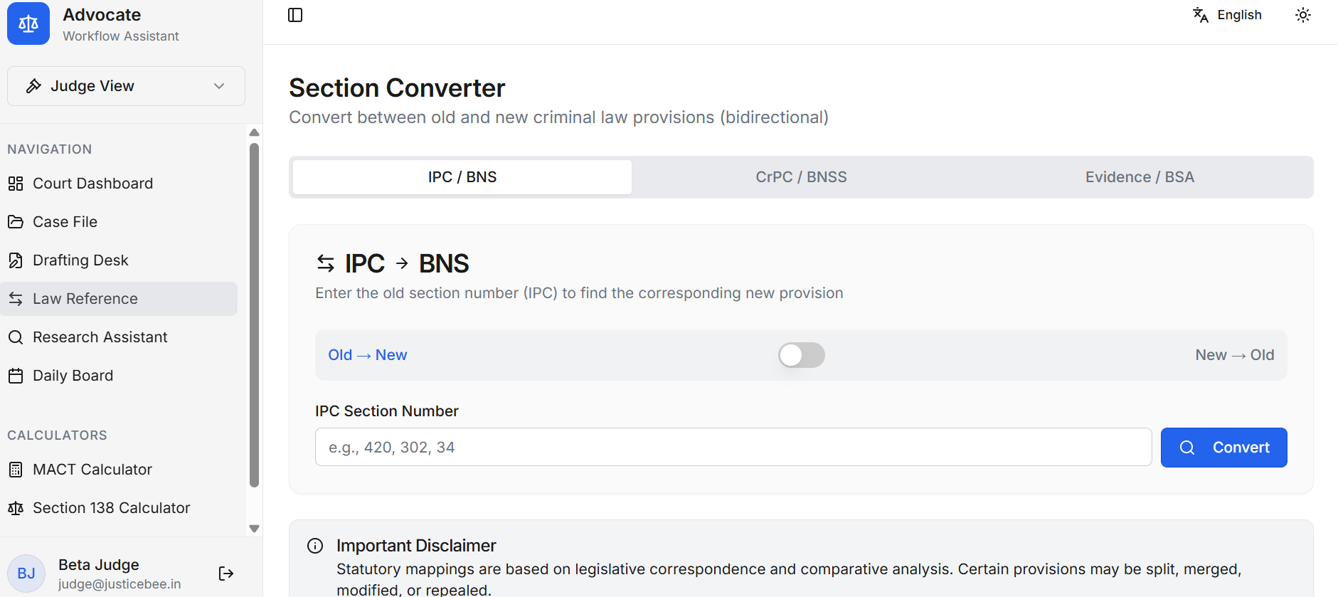 Section Converter — IPC↔BNS, CrPC↔BNSS, Evidence↔BSA