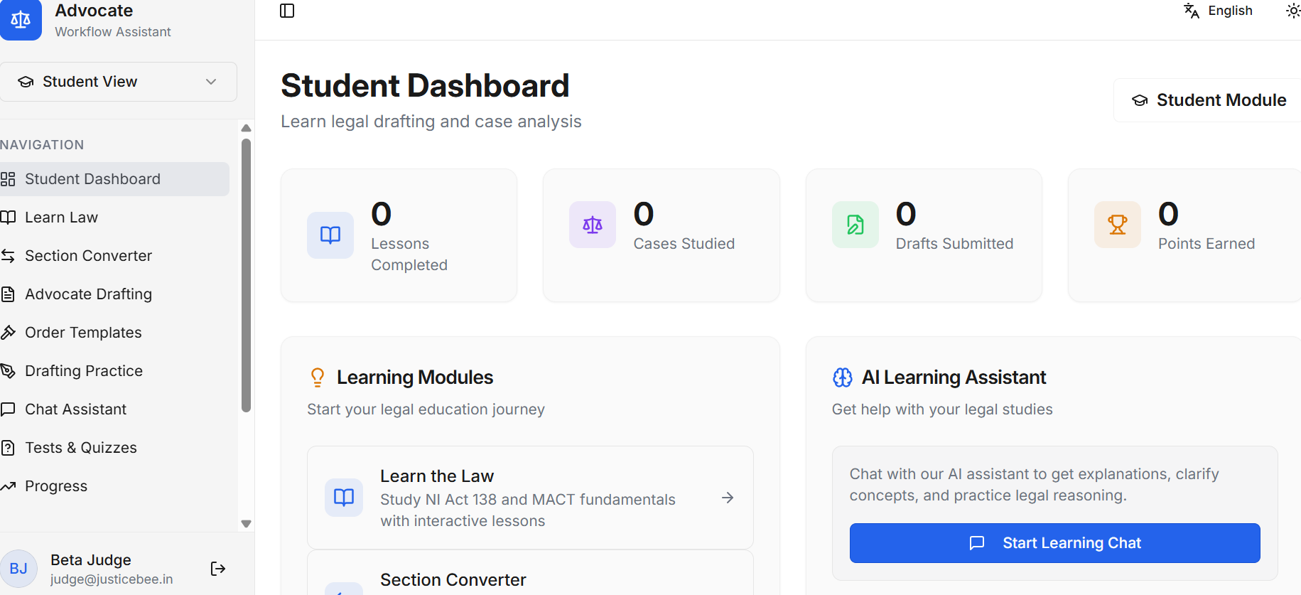 Student Dashboard — learning modules and AI tutor